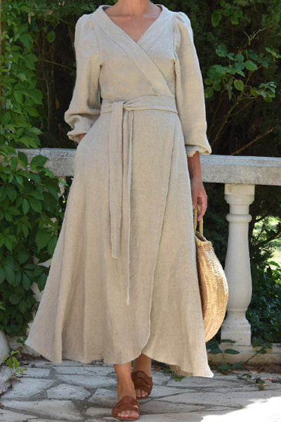 Linen Wrap Dress in Beige/belted Linen Short Sleeve 